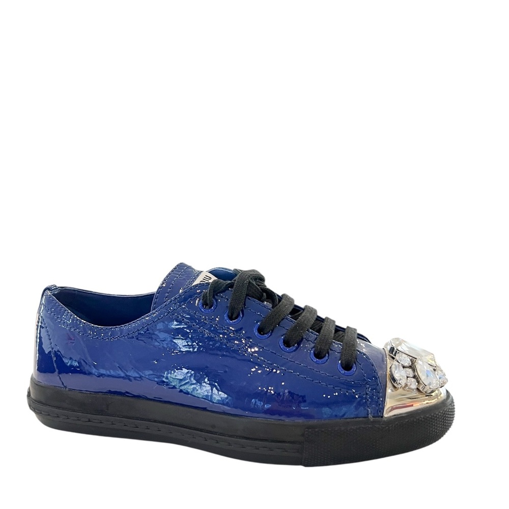 Miu Miu Blue Patent Crystal Cap Toe Sneaker